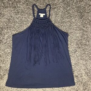 Ariat Tank Top Blue braided straps fringe front XL Navy Blue Women's